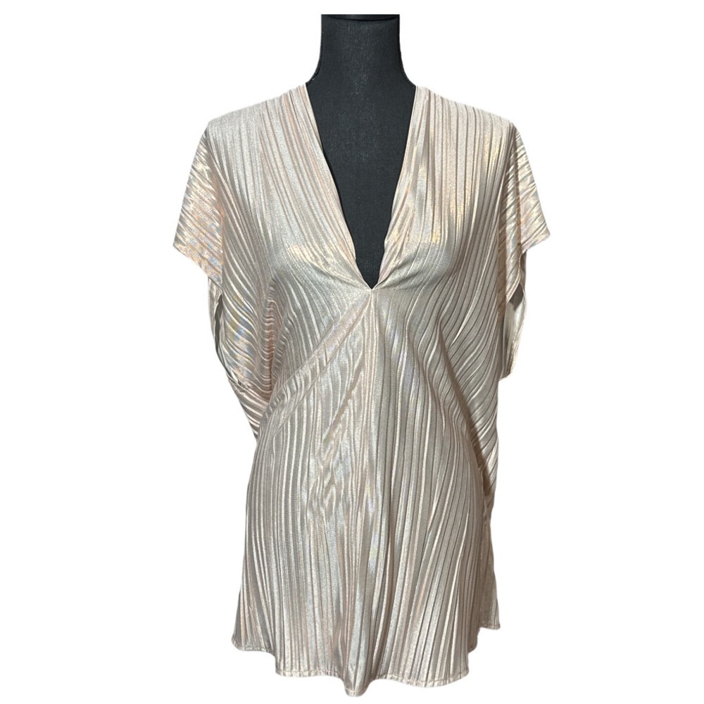 Metallic Cream Pleated V-Neck Tunic Top